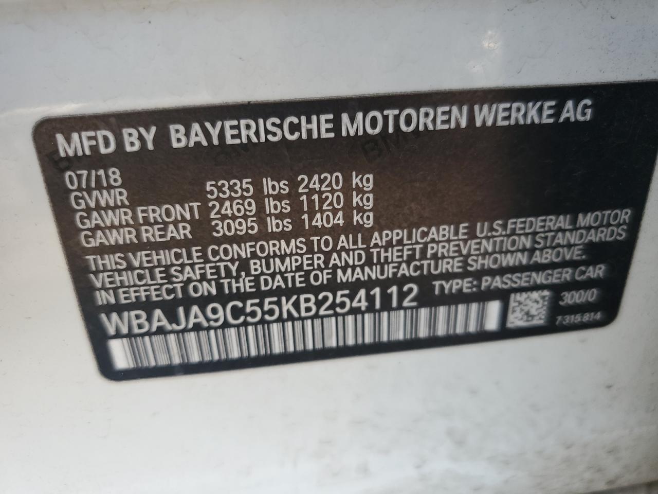 2019 BMW 530E VIN: WBAJA9C55KB254112 Lot: 70454674