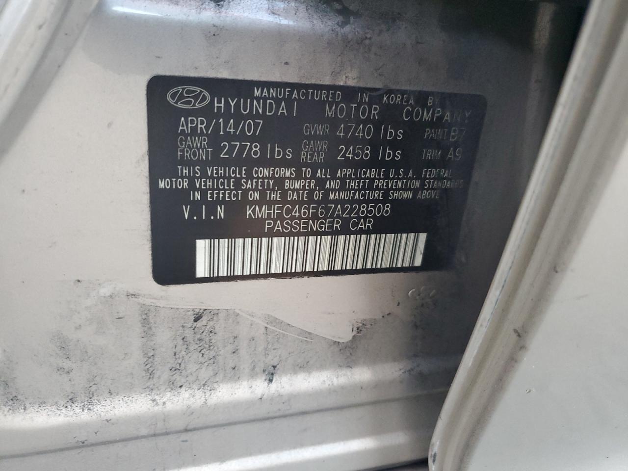 KMHFC46F67A228508 2007 Hyundai Azera Se