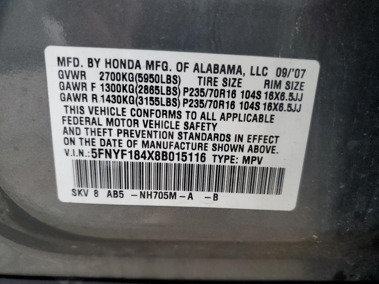 5FNYF184X8B015116 2008 Honda Pilot Ex