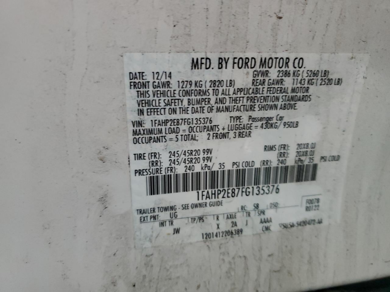 2015 Ford Taurus Sel VIN: 1FAHP2E87FG135376 Lot: 72535914