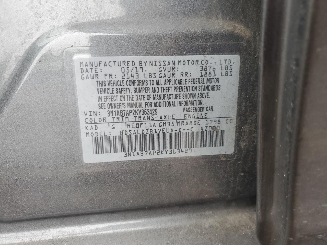 3N1AB7AP2KY363429 2019 Nissan Sentra S