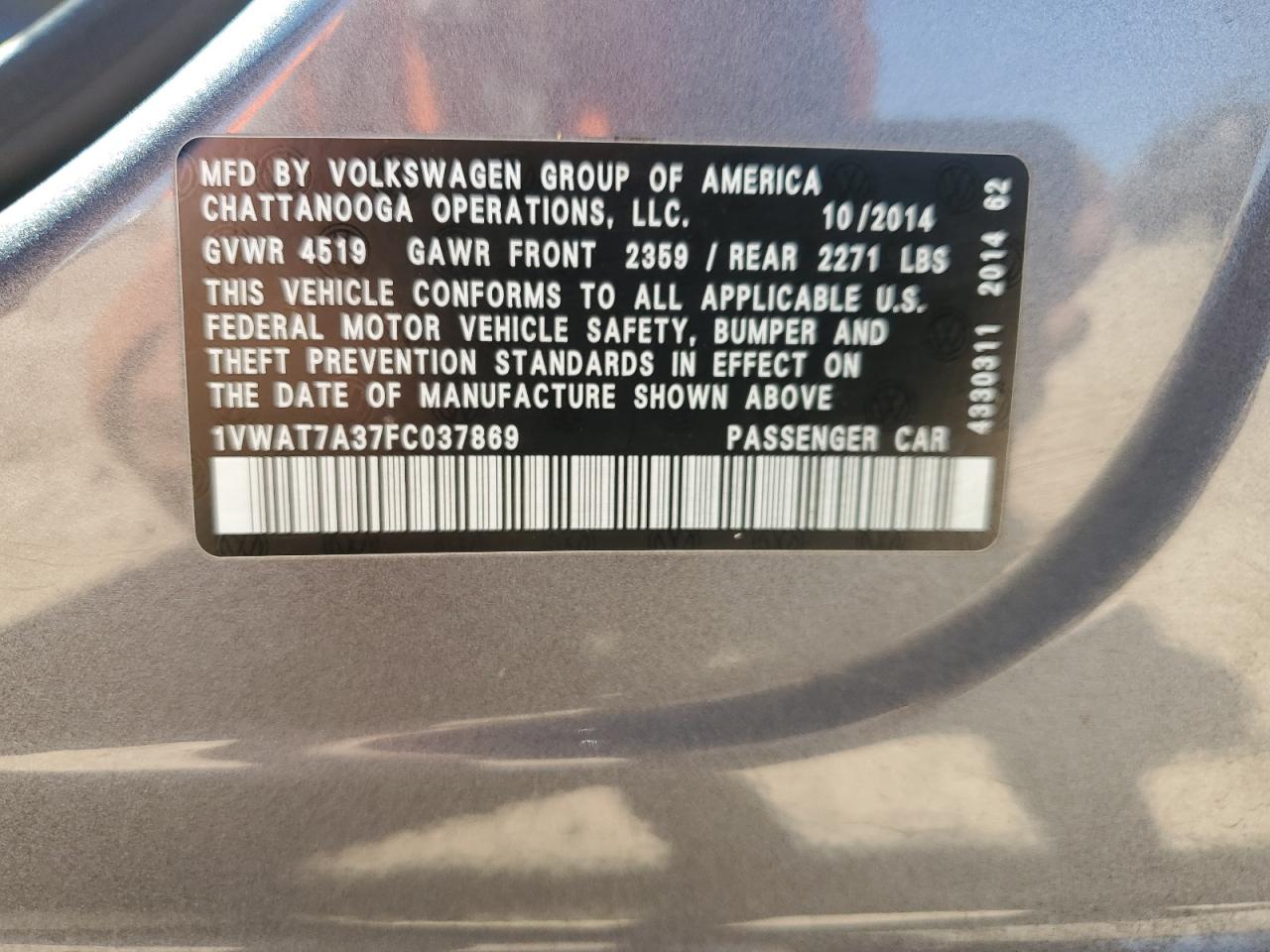 1VWAT7A37FC037869 2015 Volkswagen Passat S