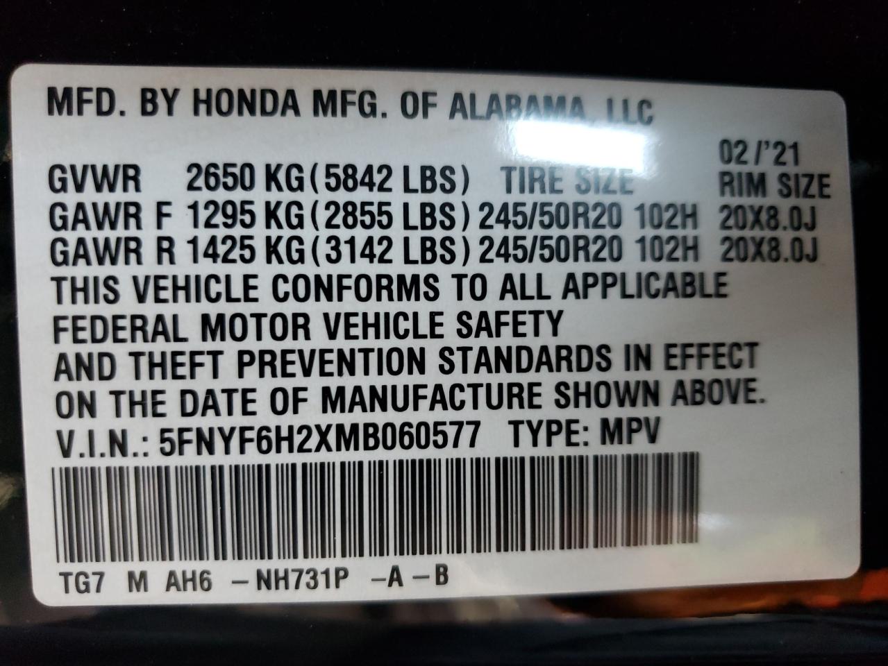 2021 Honda Pilot Se VIN: 5FNYF6H2XMB060577 Lot: 72153644