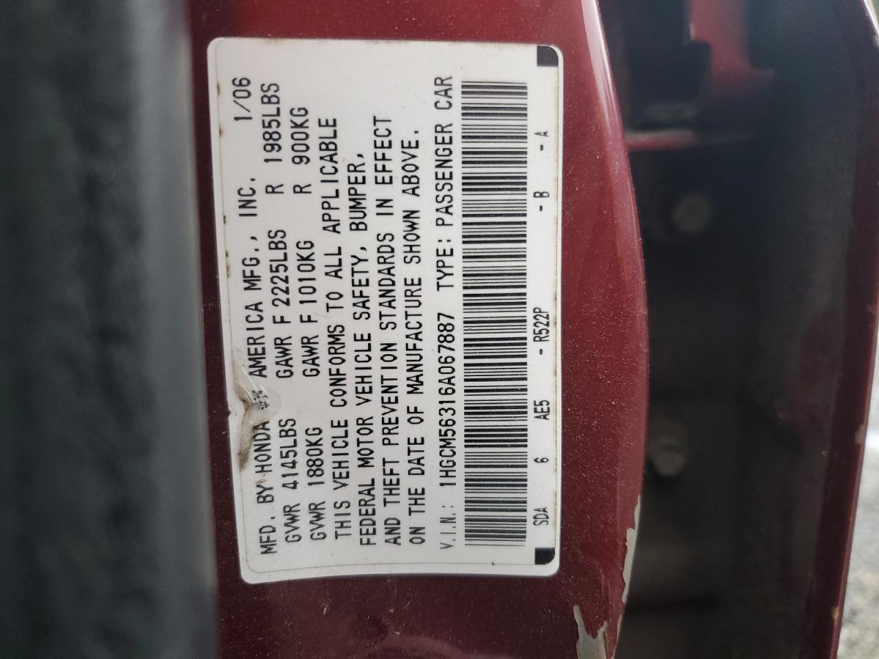 1HGCM56316A067887 2006 Honda Accord Se