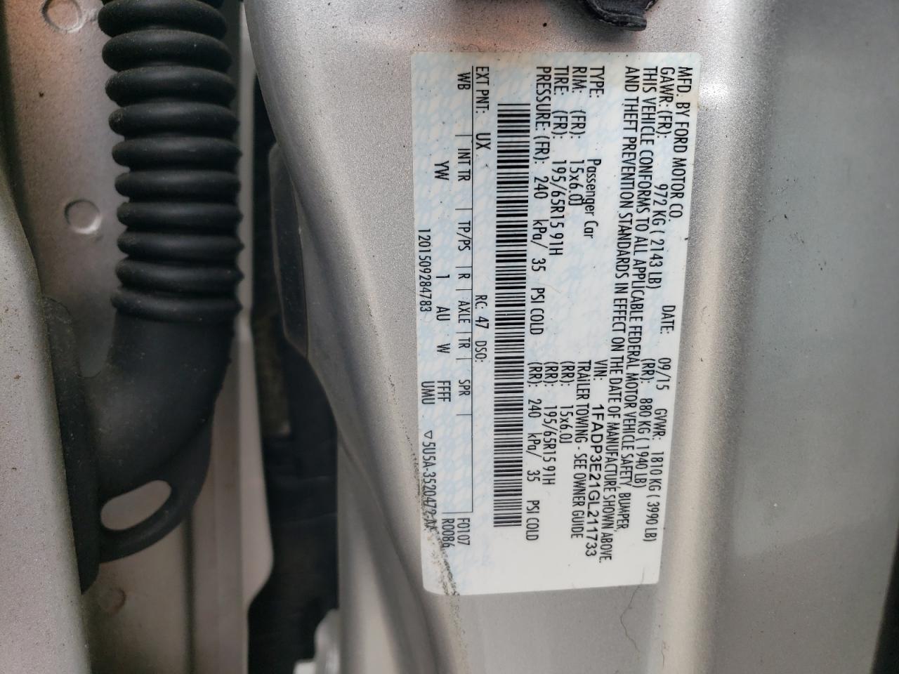 2016 Ford Focus S VIN: 1FADP3E21GL211733 Lot: 72807884