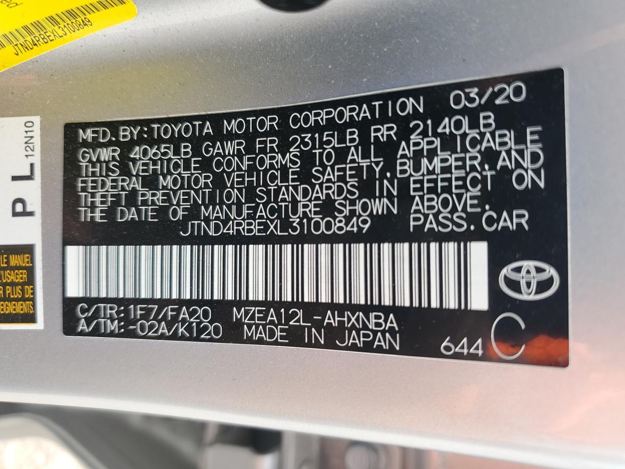 JTND4RBEXL3100849 2020 Toyota Corolla Se