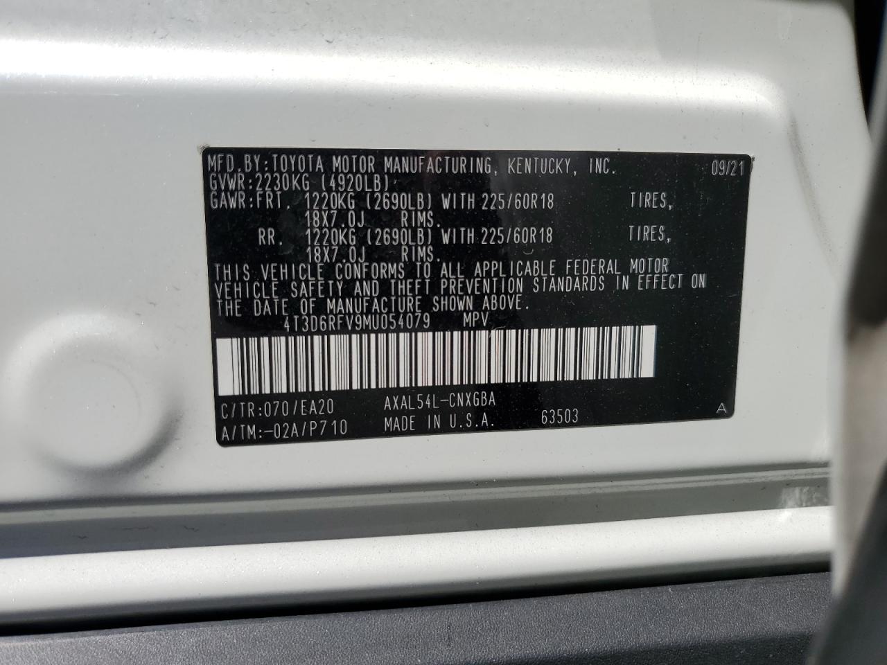 4T3D6RFV9MU054079 2021 Toyota Rav4 Limited