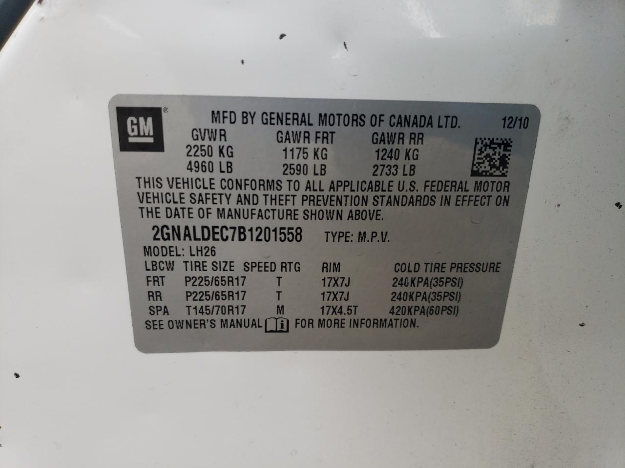 2GNALDEC7B1201558 2011 Chevrolet Equinox Lt