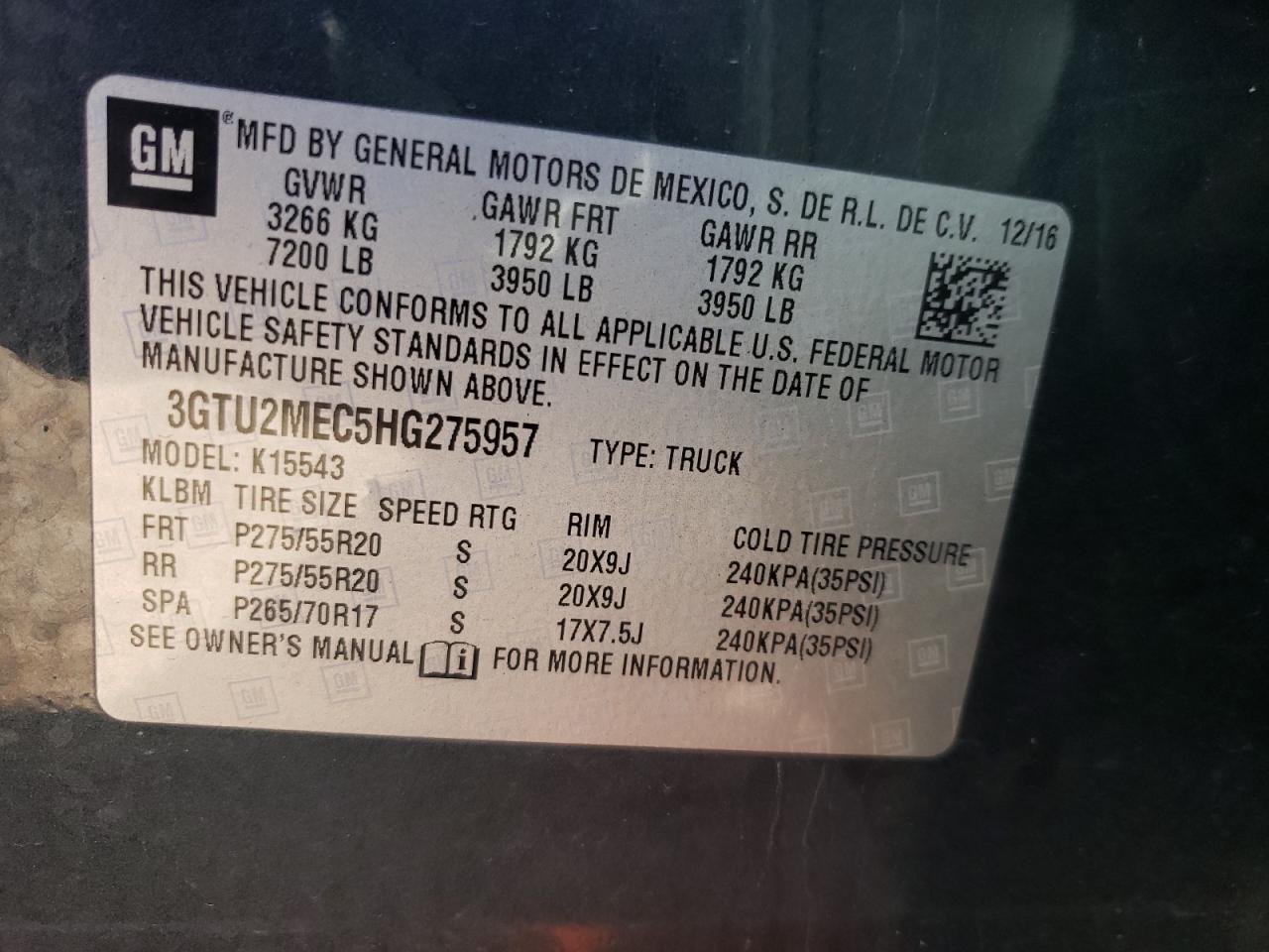 3GTU2MEC5HG275957 2017 GMC Sierra K1500 Sle