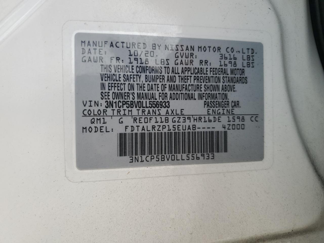 3N1CP5BV0LL556933 2020 Nissan Kicks S