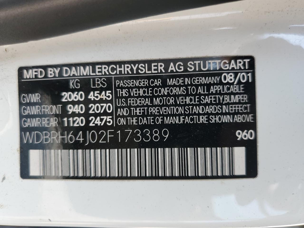 2002 Mercedes-Benz C 320 VIN: WDBRH64J02F173389 Lot: 73484884