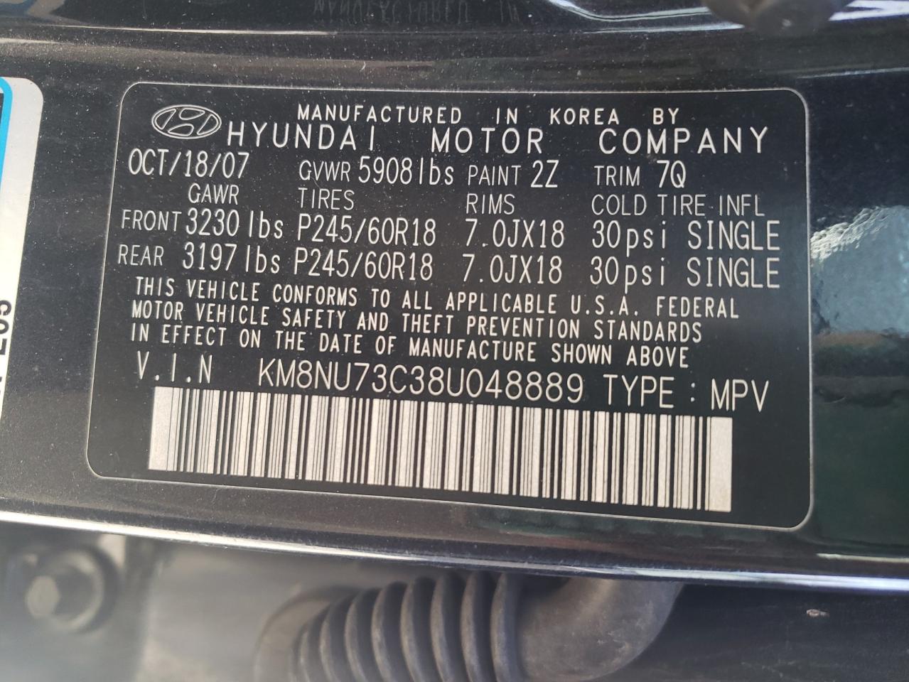 KM8NU73C38U048889 2008 Hyundai Veracruz Gls