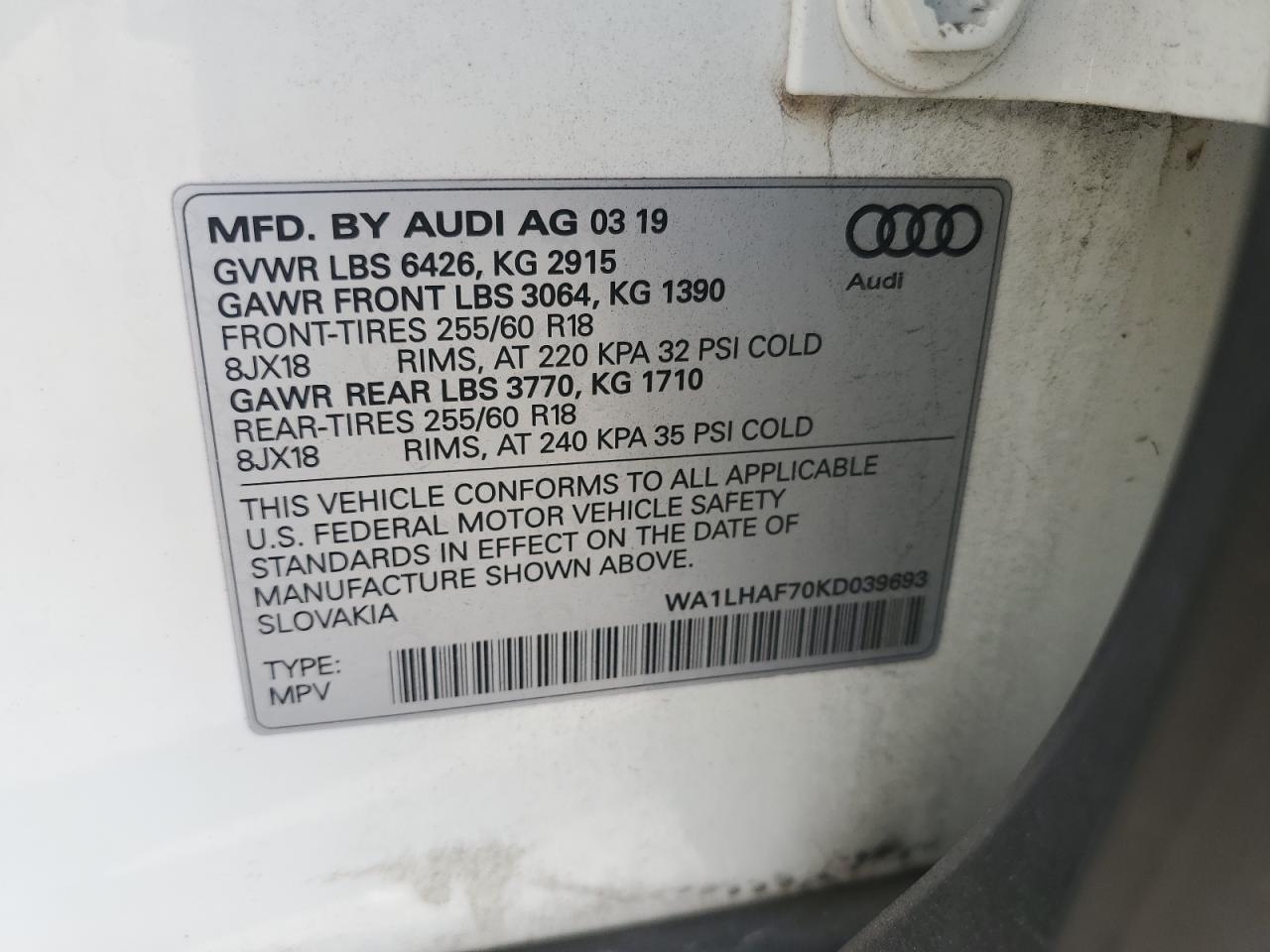 2019 Audi Q7 Premium Plus VIN: WA1LHAF70KD039693 Lot: 71352524