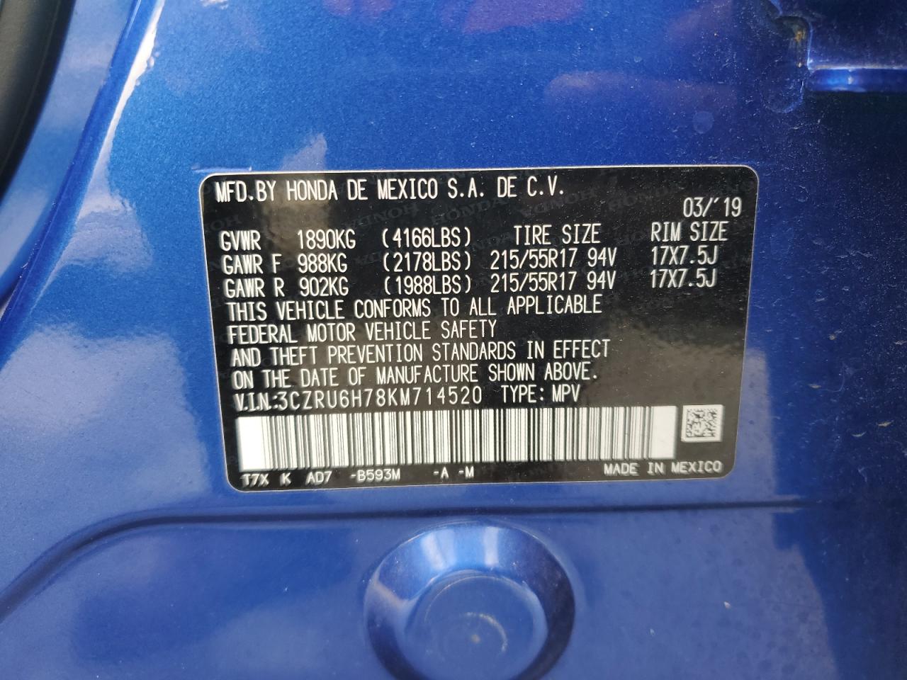 3CZRU6H78KM714520 2019 Honda Hr-V Exl