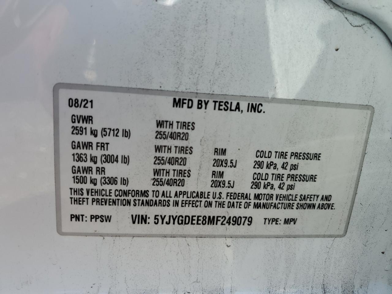 5YJYGDEE8MF249079 2021 Tesla Model Y