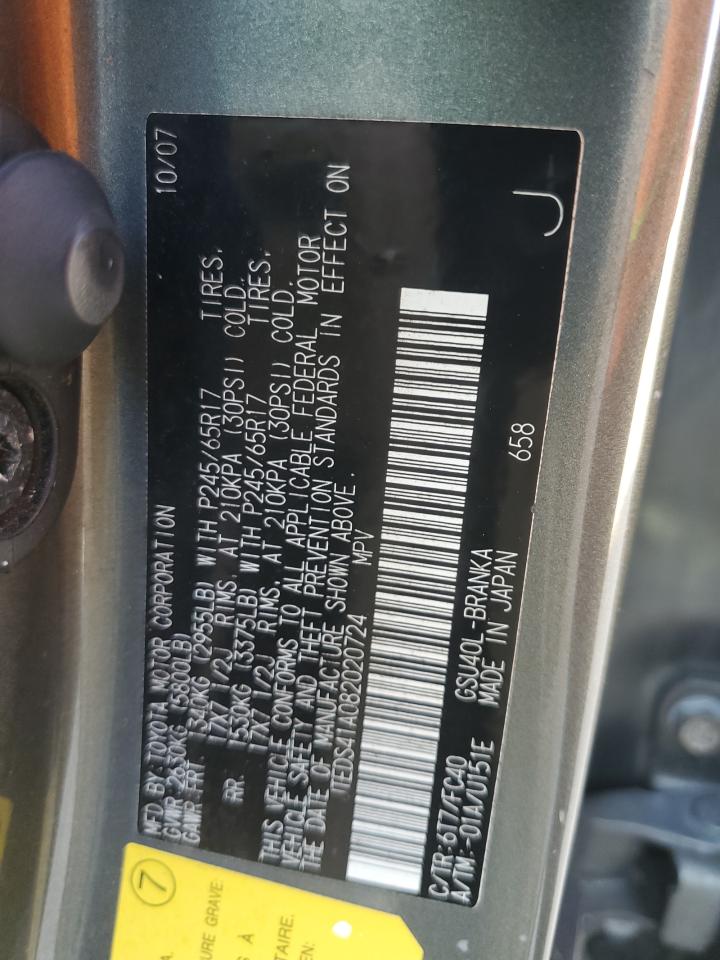 2008 Toyota Highlander VIN: JTEDS41A082020724 Lot: 71538304