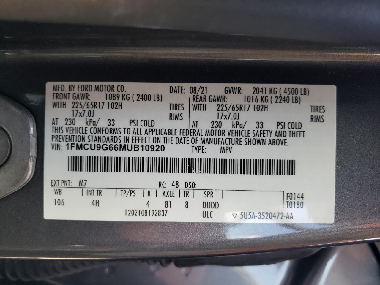 2021 Ford Escape Se VIN: 1FMCU9G66MUB10920 Lot: 70074344