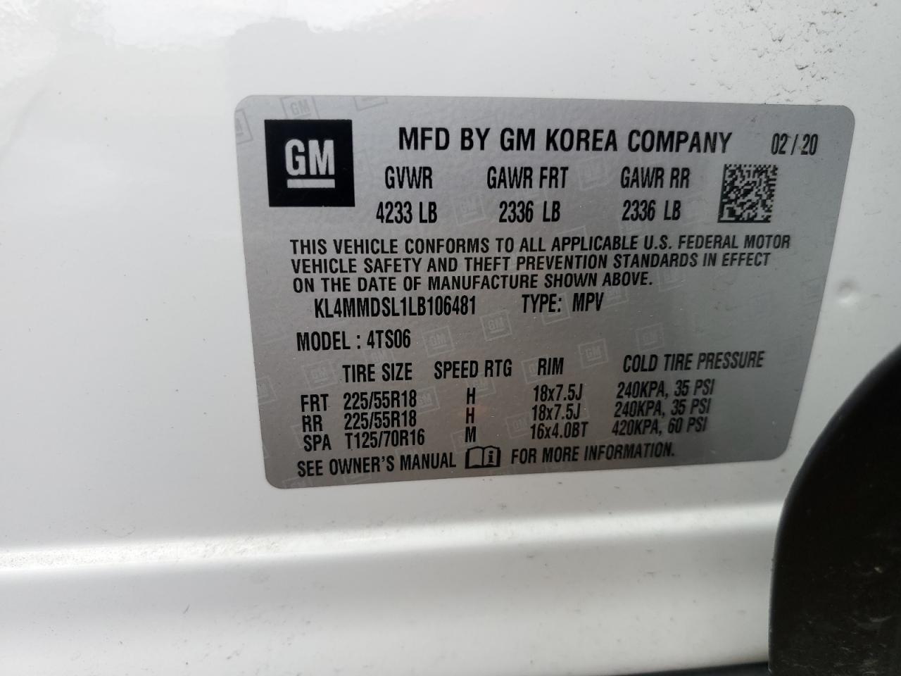 KL4MMDSL1LB106481 2020 Buick Encore Gx Select