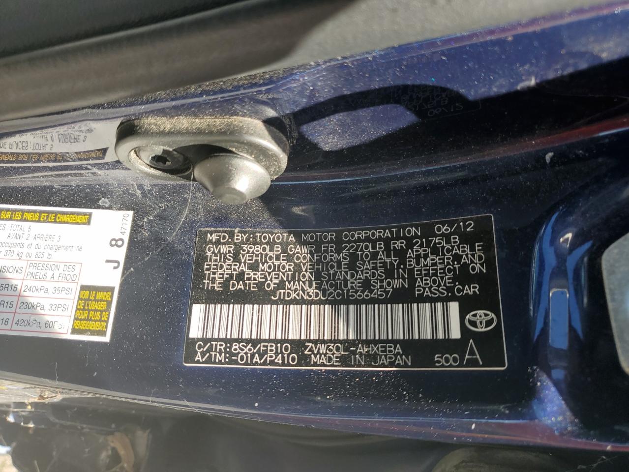 JTDKN3DU2C1566457 2012 Toyota Prius