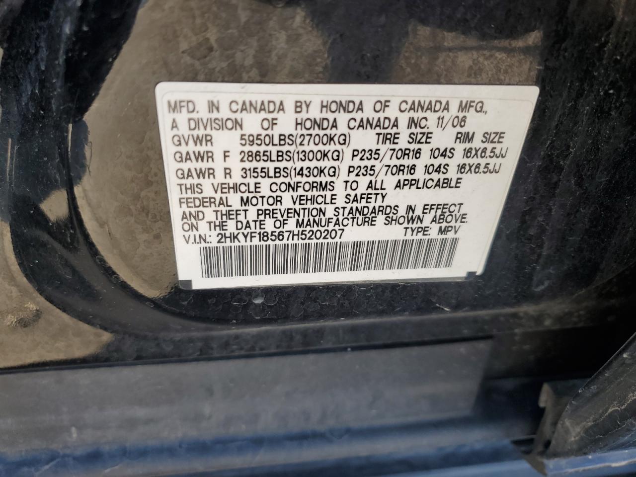 2HKYF18567H520207 2007 Honda Pilot Exl