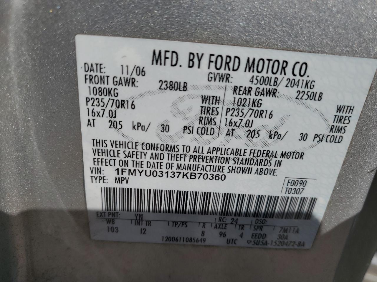 1FMYU03137KB70360 2007 Ford Escape Xlt