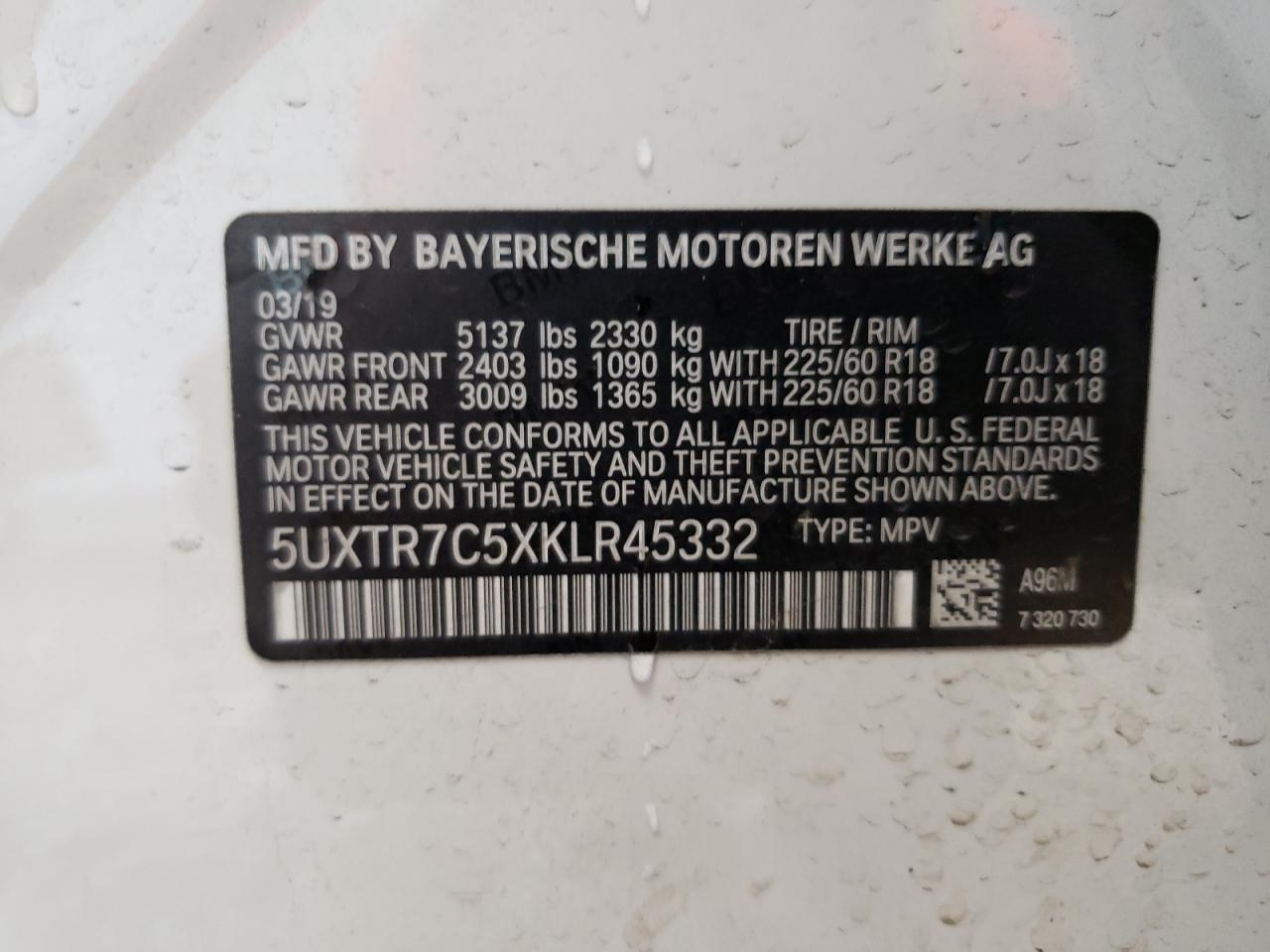 5UXTR7C5XKLR45332 2019 BMW X3 Sdrive30I