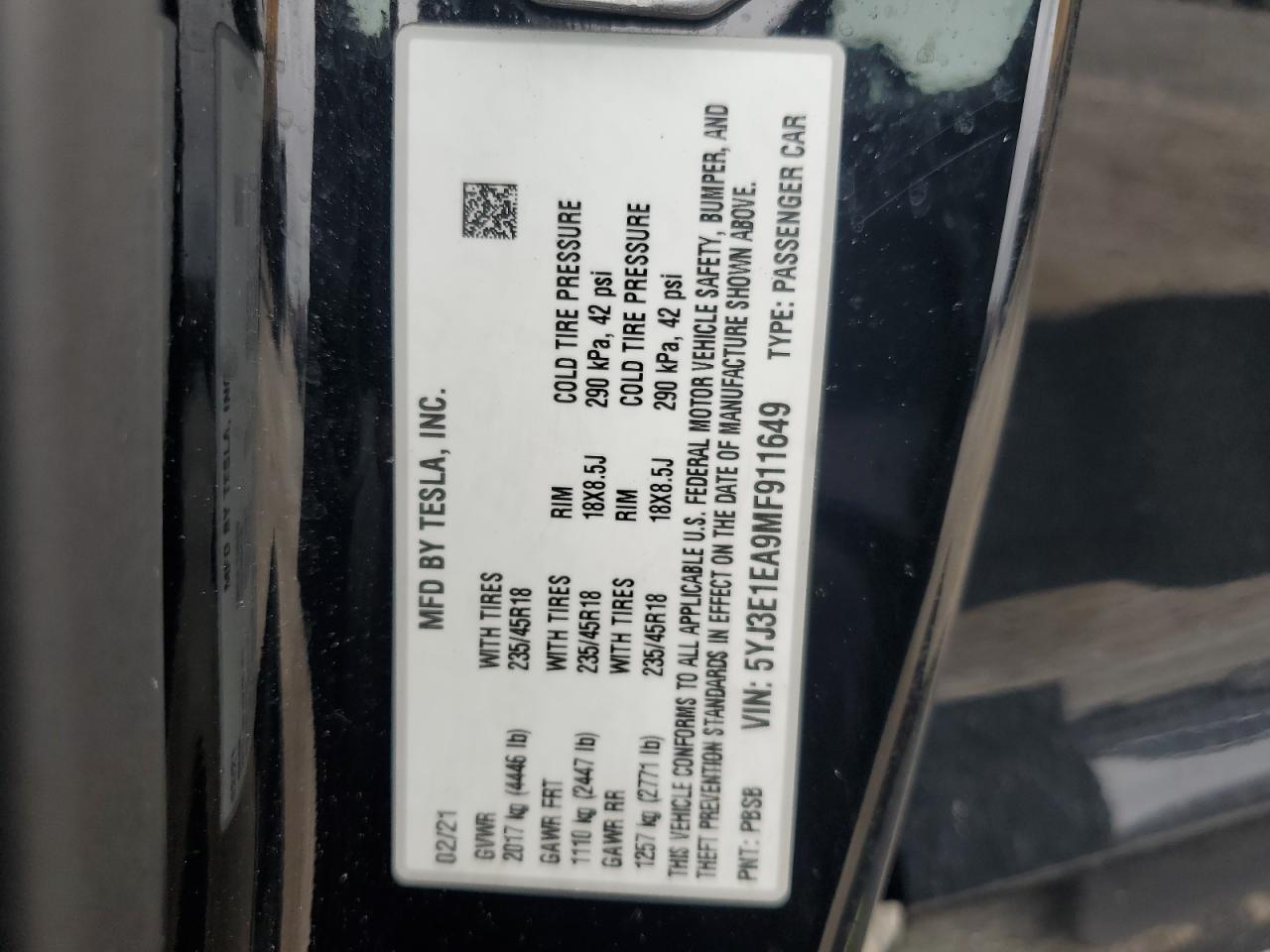 5YJ3E1EA9MF911649 2021 Tesla Model 3