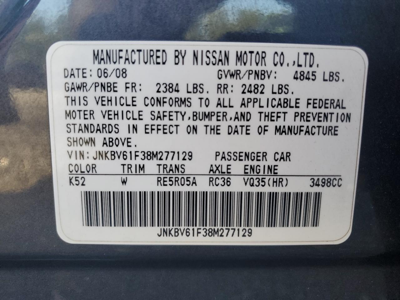 JNKBV61F38M277129 2008 Infiniti G35