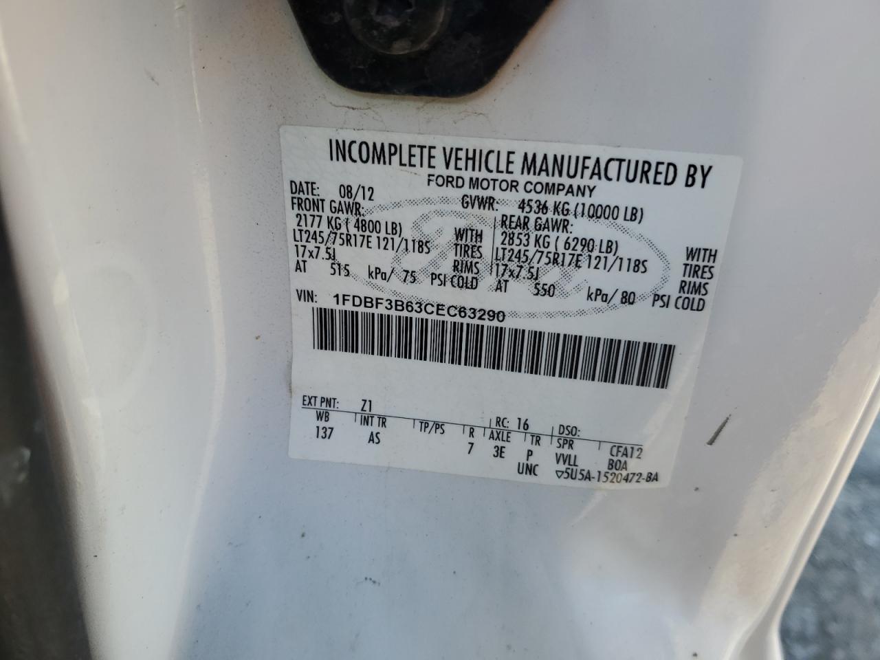 2012 Ford F350 Super Duty VIN: 1FDBF3B63CEC63290 Lot: 73289454