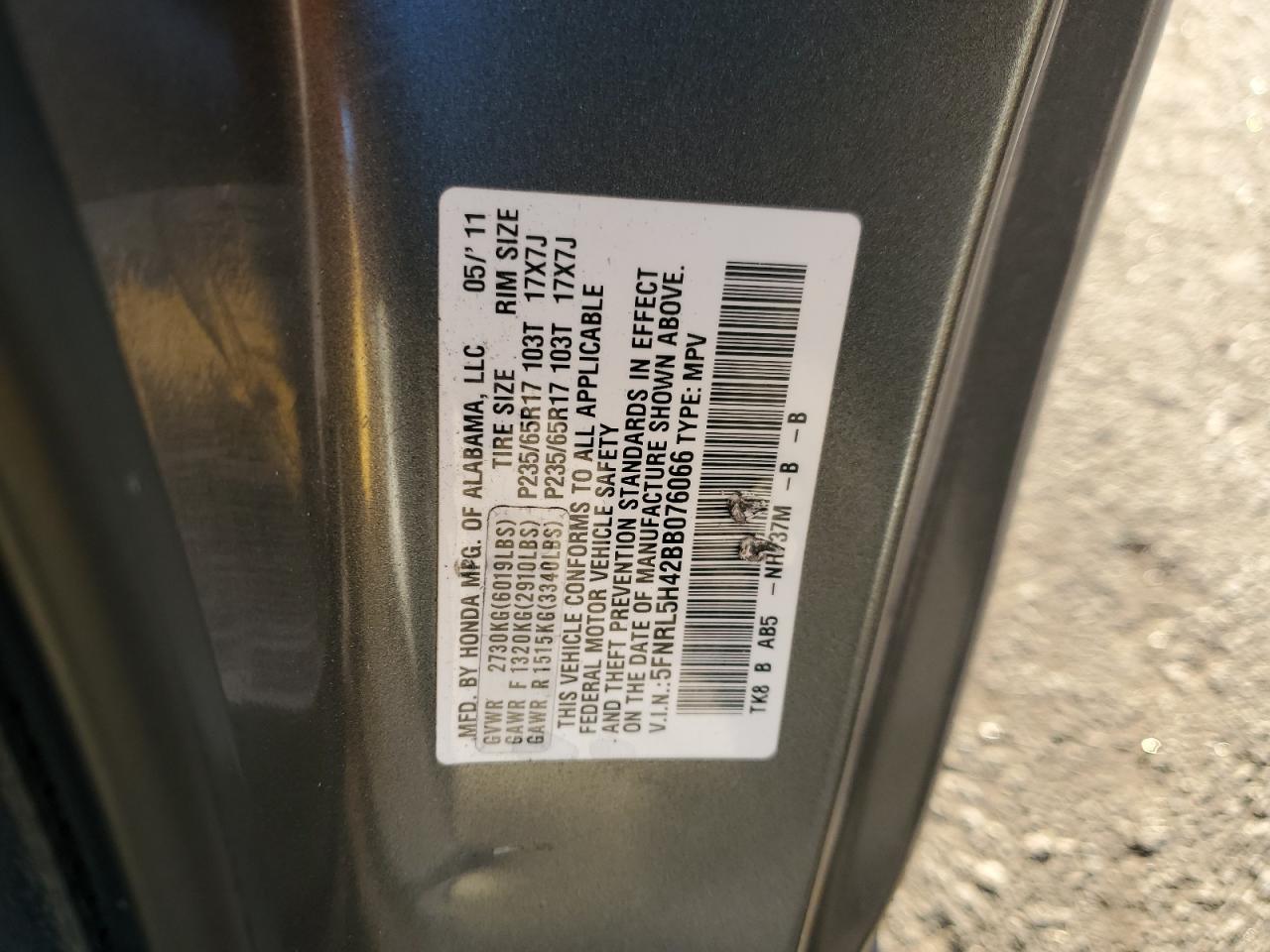 5FNRL5H42BB076066 2011 Honda Odyssey Ex