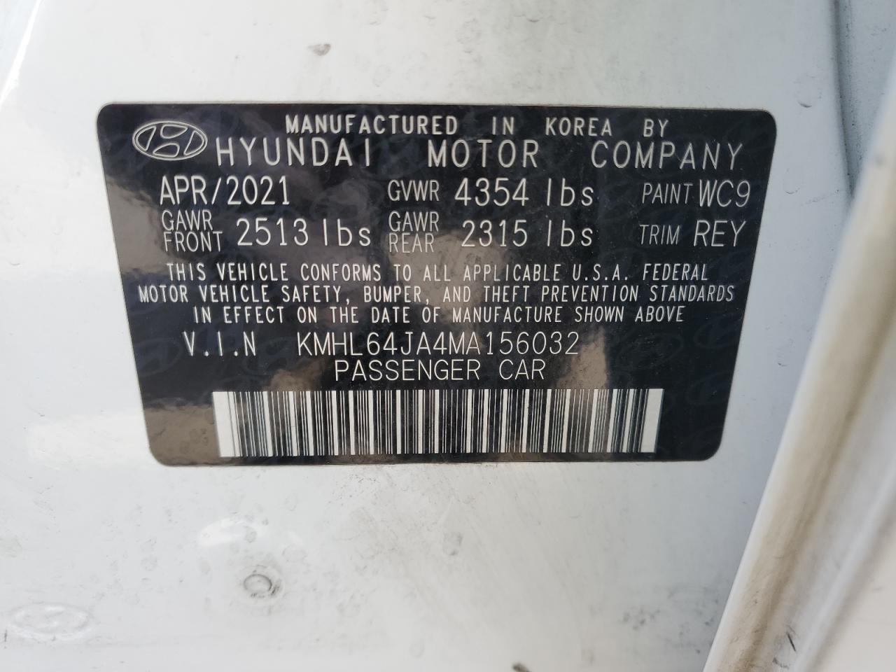 2021 Hyundai Sonata Sel VIN: KMHL64JA4MA156032 Lot: 72590594