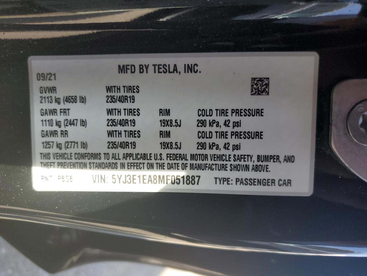 2021 Tesla Model 3 VIN: 5YJ3E1EA8MF051887 Lot: 73193294