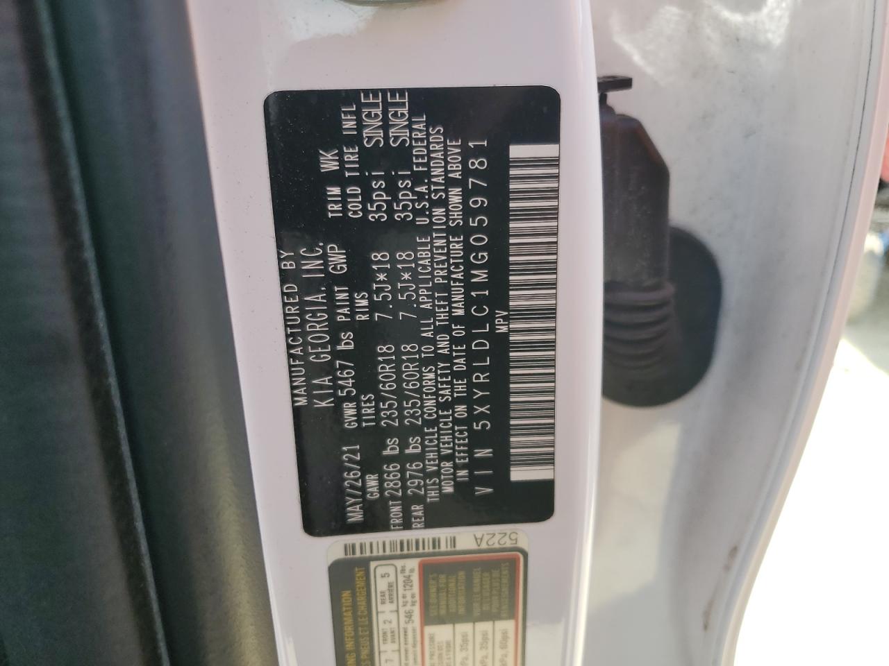 5XYRLDLC1MG059781 2021 Kia Sorento S