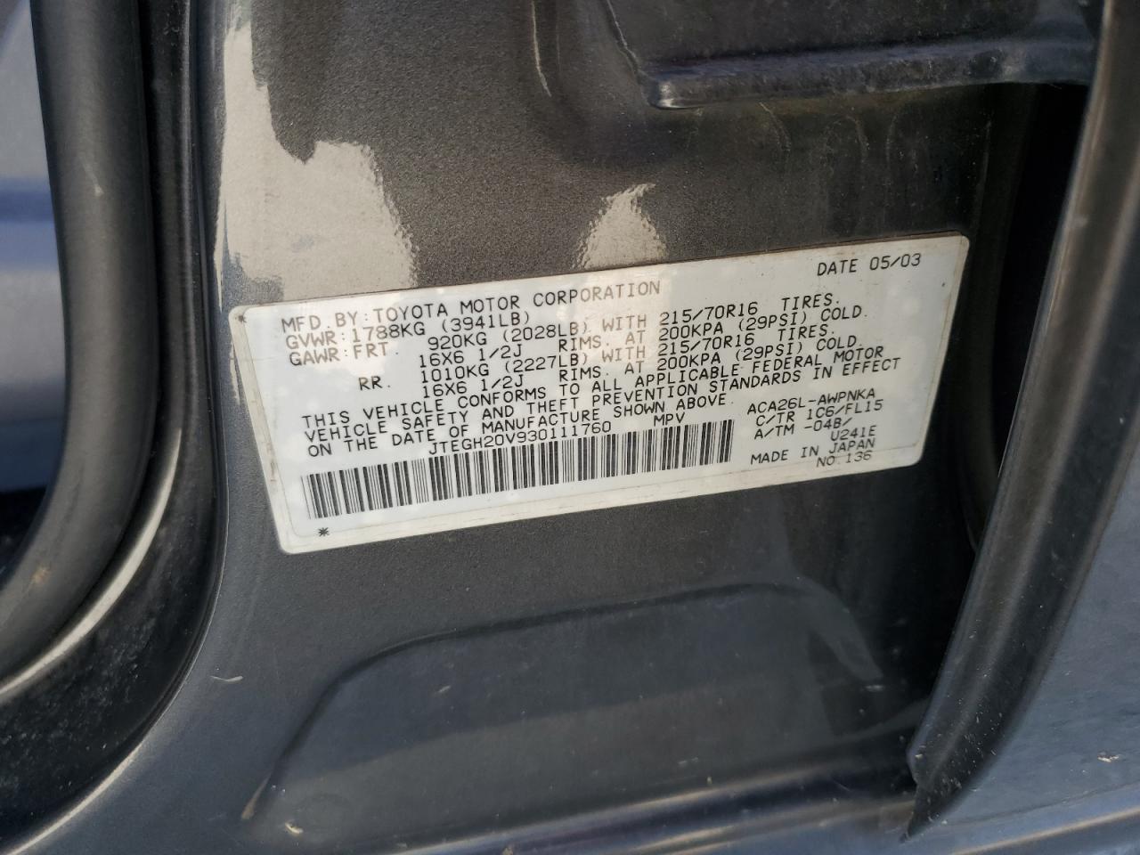 JTEGH20V930111760 2003 Toyota Rav4