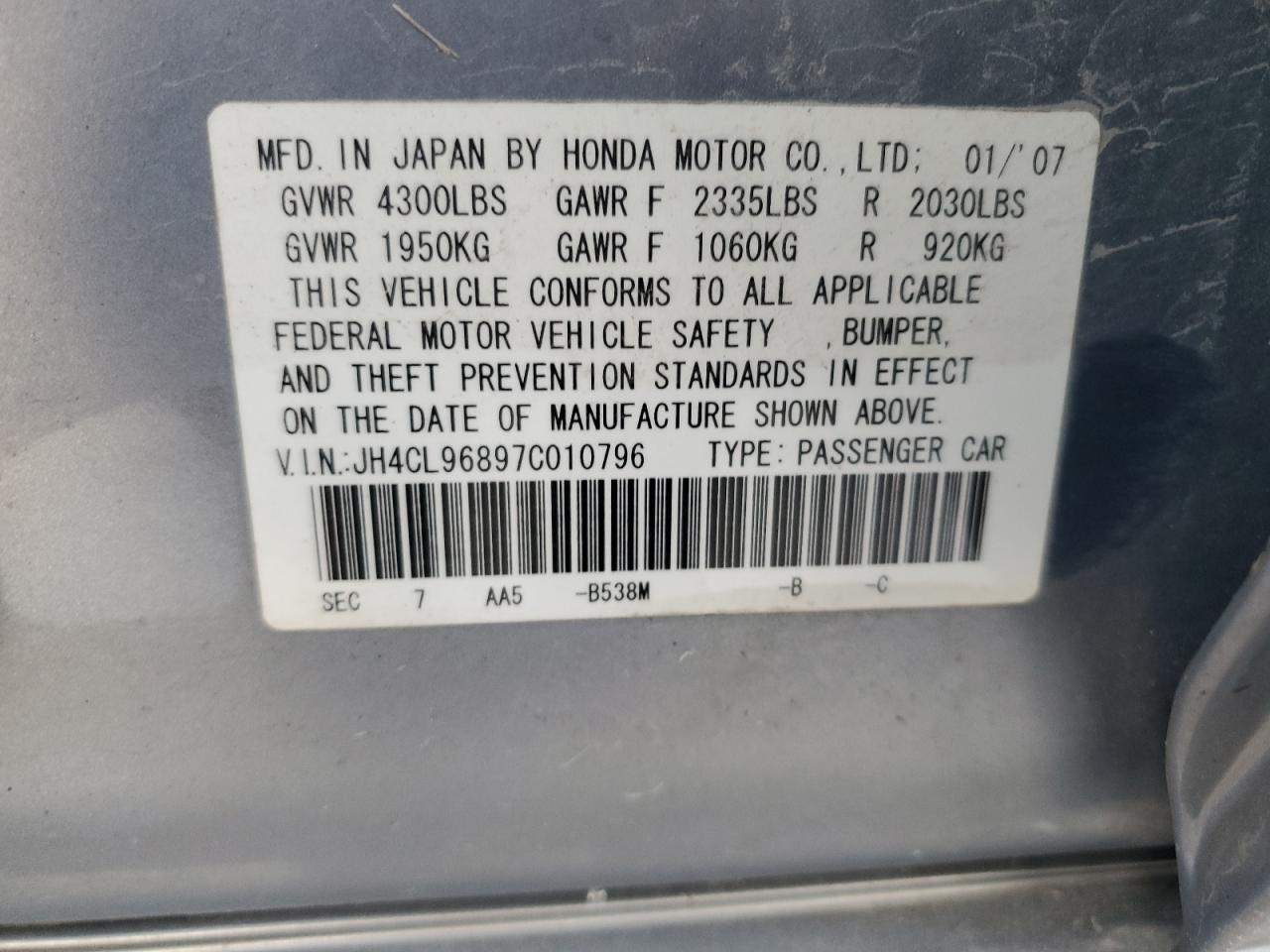 JH4CL96897C010796 2007 Acura Tsx