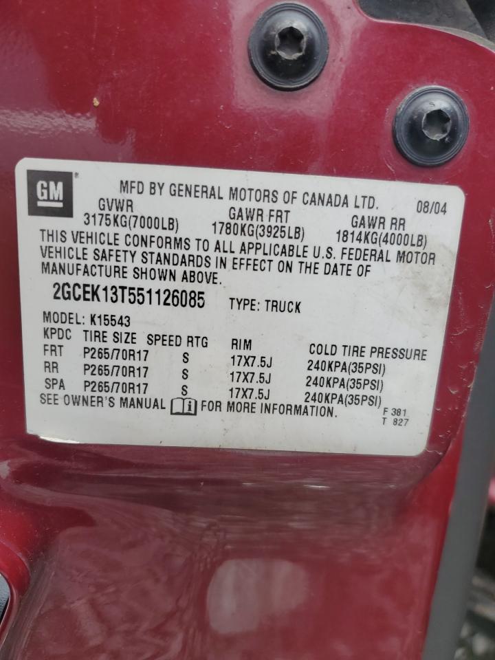 2005 Chevrolet Silverado K1500 VIN: 2GCEK13T551126085 Lot: 72938684
