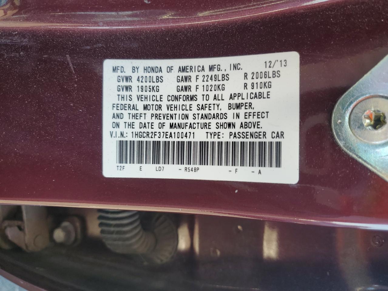 VIN 1HGCR2F37EA100471 2014 HONDA ACCORD no.12