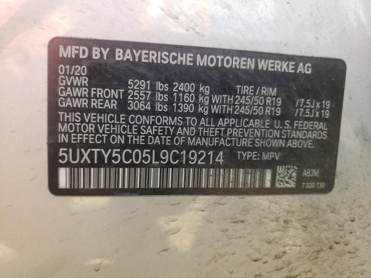 2020 BMW X3 xDrive30I VIN: 5UXTY5C05L9C19214 Lot: 72217974