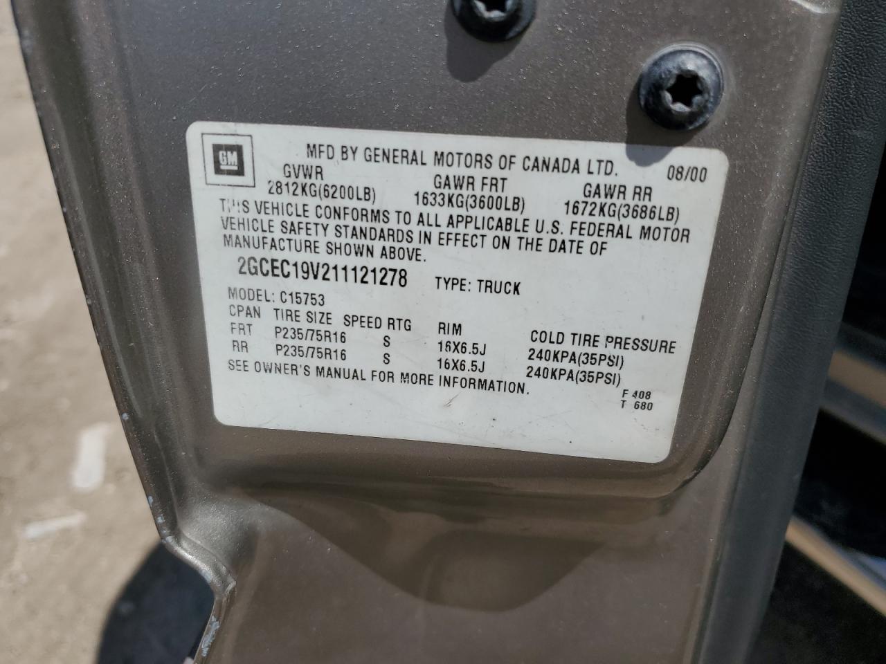 2001 Chevrolet Silverado C1500 VIN: 2GCEC19V211121278 Lot: 72147104