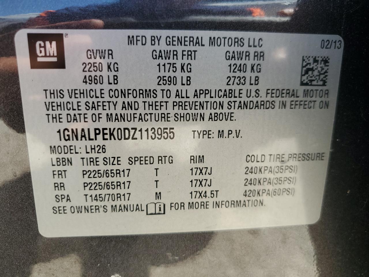 1GNALPEK0DZ113955 2013 Chevrolet Equinox Lt