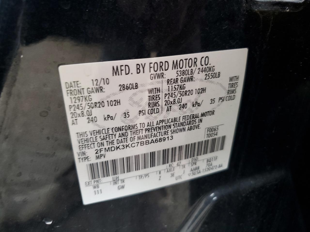 2011 Ford Edge Limited VIN: 2FMDK3KC7BBA68913 Lot: 72717114