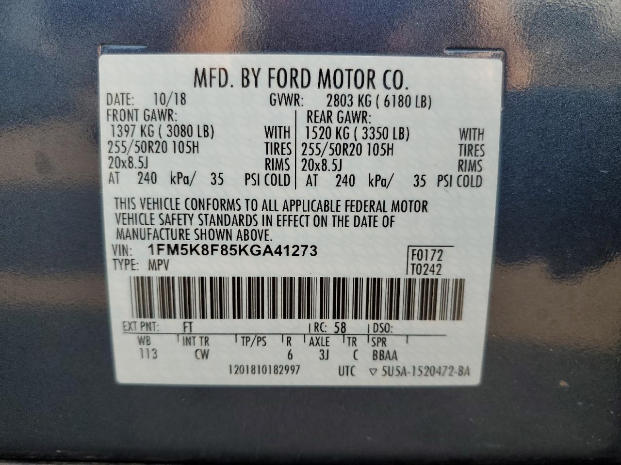 1FM5K8F85KGA41273 2019 Ford Explorer Limited