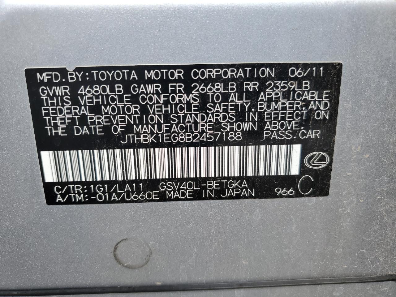 JTHBK1EG8B2457188 2011 Lexus Es 350