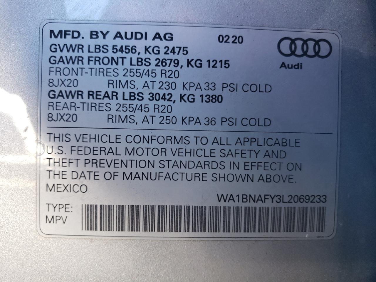 WA1BNAFY3L2069233 2020 Audi Q5 Premium Plus