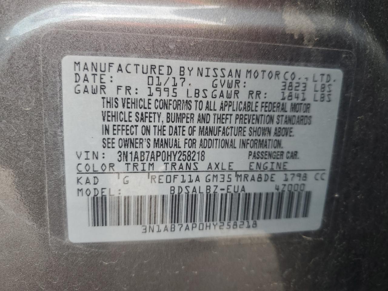 3N1AB7AP0HY258218 2017 Nissan Sentra S