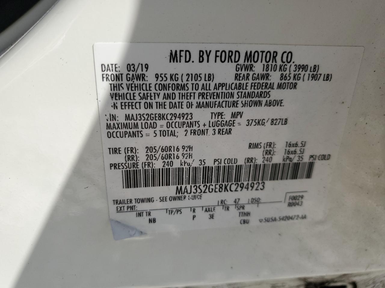 MAJ3S2GE8KC294923 2019 Ford Ecosport Se