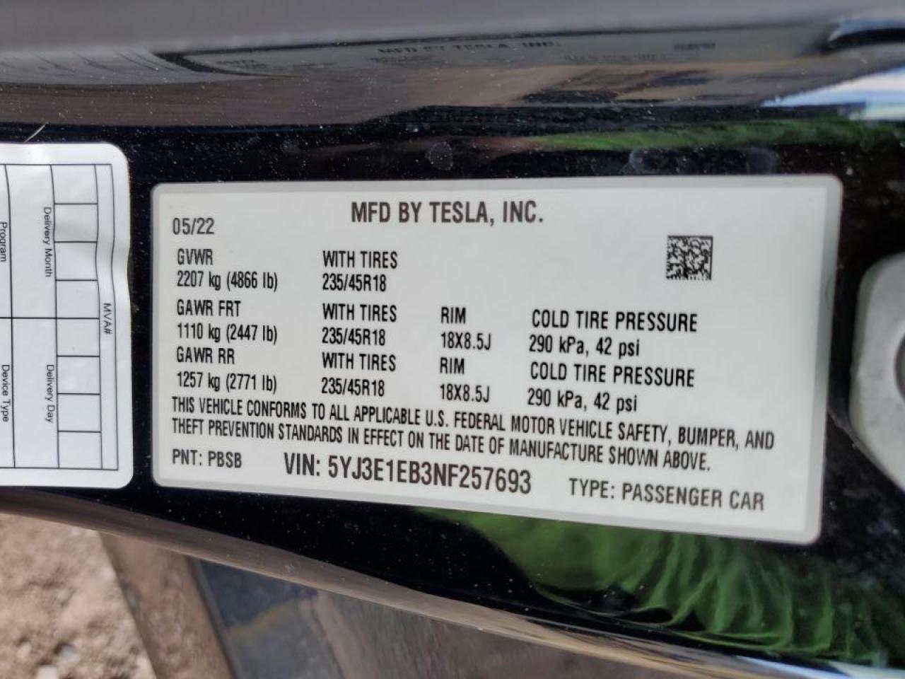 5YJ3E1EB3NF257693 Tesla Model 3  12