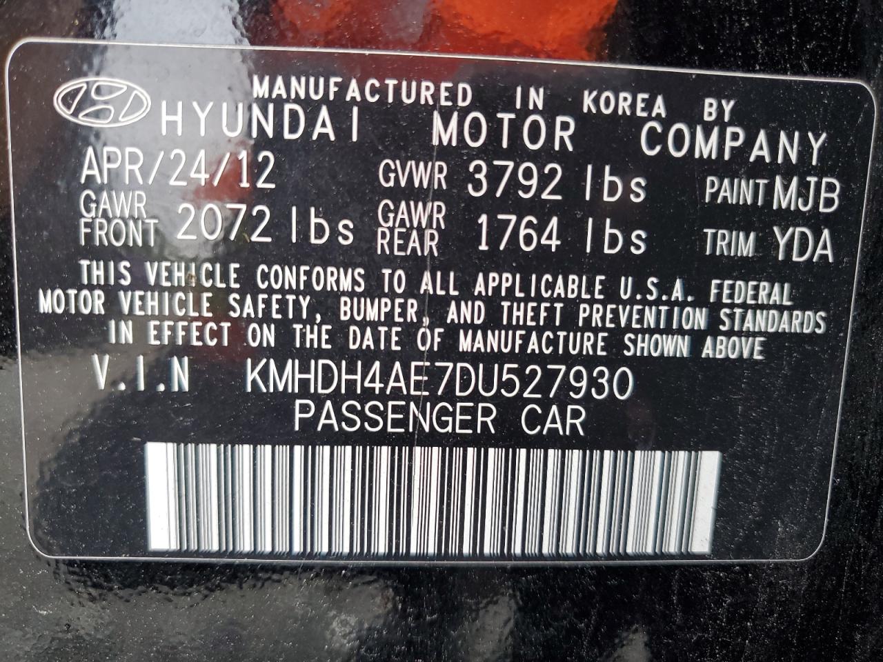 VIN KMHDH4AE7DU527930 2013 HYUNDAI ELANTRA no.12