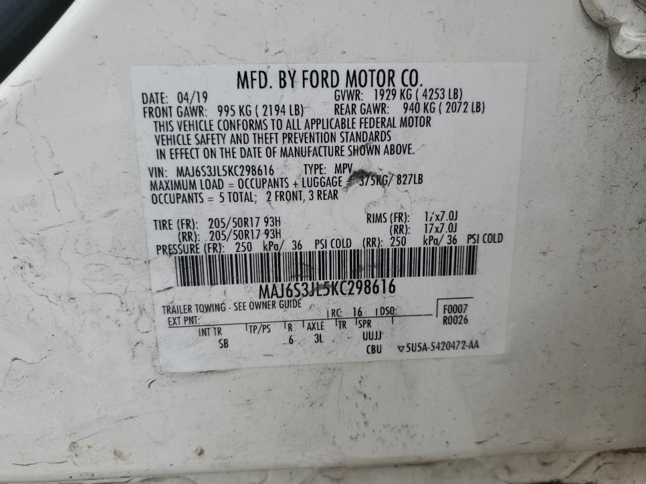 MAJ6S3JL5KC298616 2019 Ford Ecosport Ses