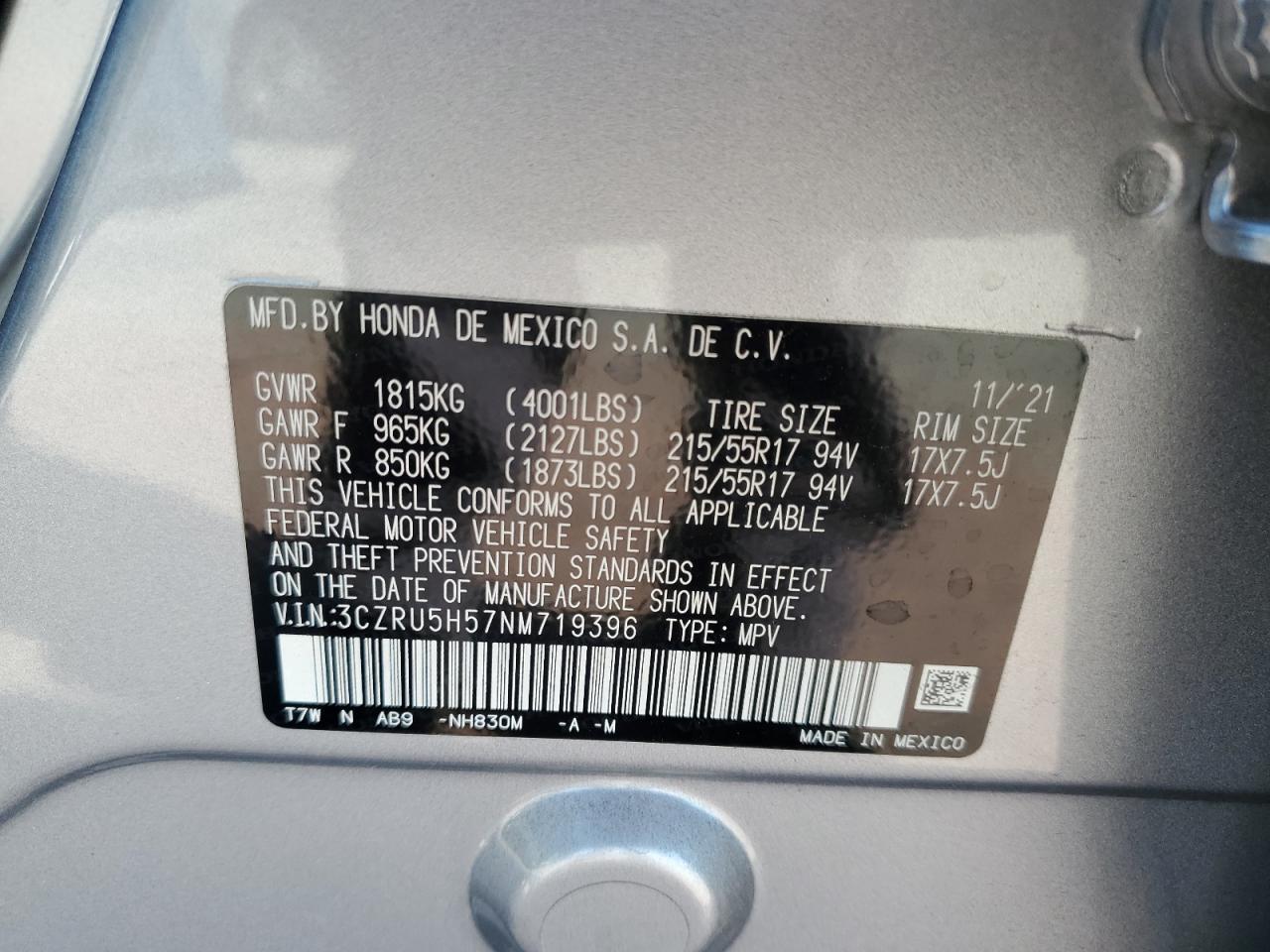 3CZRU5H57NM719396 2022 Honda Hr-V Ex